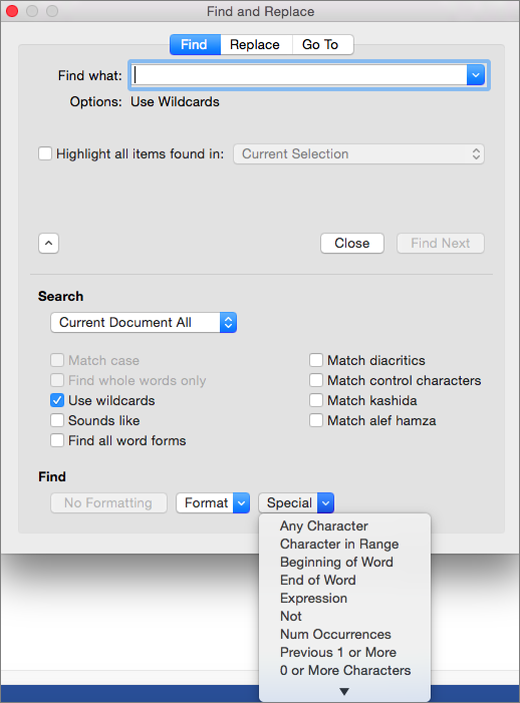 find and replace in word 2013 for mac